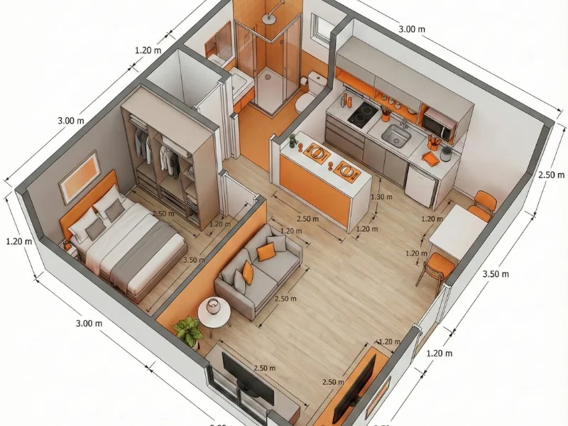 Planta 3D Isométrica Kitnet